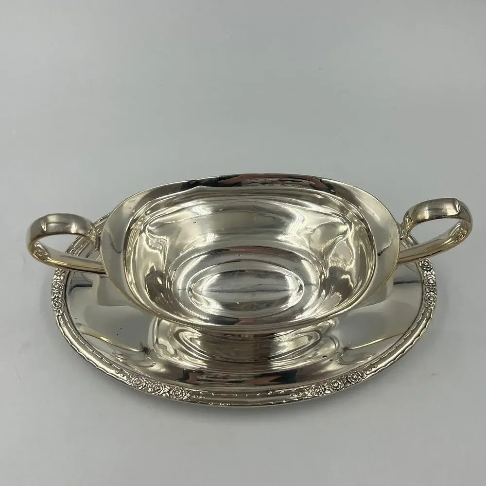 Vintage Camille Elegant Rose Pattern Under Plate Gravy‎ Boat Silver Plate 6013